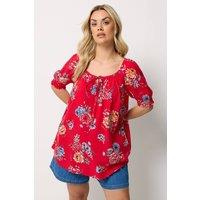 Yours Women's Floral Tie Neck Blouse in Red | Size: 22-24