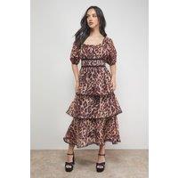 Oasis Women's Puff Sleeve Tiered Midaxi Dress in Animal | Size: 14
