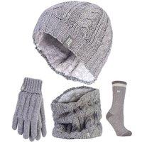 Heat Holders Women's Thermal Winter Set - Hat, Gloves, Neckwarmer & Twist Socks in Grey | Size: S/M