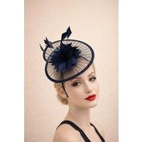 SVNX Women's Spiral Circular Brim Fascinator with Feathers Burst in Navy