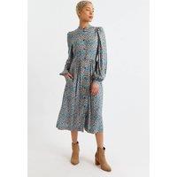 Louche Women's Nayma Art Attack Print Long Sleeve Midi Dress - Duck Egg in Blue | Size: 14