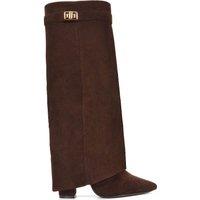 XY London Women's 'Rayna' Block Heel Knee High Foldover Boots With Pointed Toe in Chocolate | Size: 6