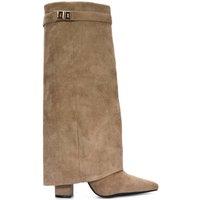 XY London Women's 'Rayna' Block Heel Knee High Foldover Boots With Pointed Toe in Taupe | Size: 5