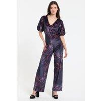 Liquorish Women's Floral Printed Velvet Wide Leg Jumpsuit | Size: S/M