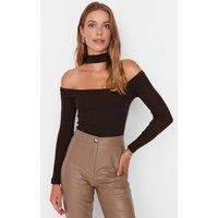 WOVCOR Women's Choker Detailed Fitted Crop Ribbed Knit Blouse in Brown | Size: Medium