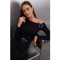 WOVCOR Women's Asymmetric Collar Knit Blouse with Accessory Detail in Black | Size: Large