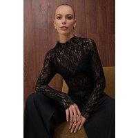 WOVCOR Women's Long Sleeve Sheer Lace High Neck Fitted Knit Top in Black | Size: Small