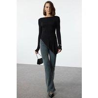 WOVCOR Women's Asymmetric Textured Knit Blouse With Soft Draped Hem in Black | Size: Medium