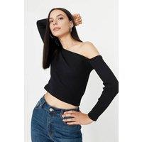 WOVCOR Women's Asymmetrical Ribbed Knit Top With One-Shoulder Drape Detail in Black | Size: Medium