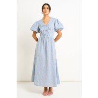 Gini London Women's Blue Cotton Mix Tie Detail Puff Sleeves Midi Dress | Size: 16