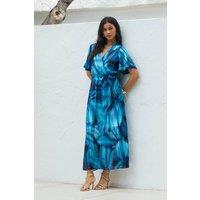 Gini London Women's Blue Tie Dye Print Wrap Midi Dress | Size: 12