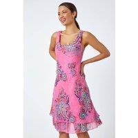 Roman Women's Paisley Print Cotton Layered Dress in Pink | Size: 18