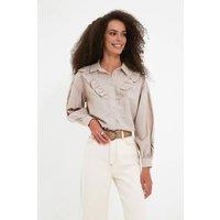 WOVCOR Women's Ruffle Detail Long Sleeve Woven Shirt in Beige | Size: 14