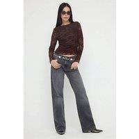 WOVCOR Women's Flock Print Tulle Boat Neck Long Sleeve Stretch Knit Blouse in Brown | Size: Small