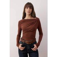 WOVCOR Women's Asymmetric Neck Drape Detail Stretch Knit Fitted Blouse in Brown | Size: Medium