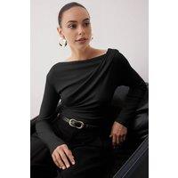 WOVCOR Women's Asymmetric Neck Drape Detail Stretch Knit Fitted Blouse in Black | Size: XS