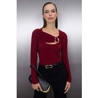 WOVCOR Women's Fitted Stretch Knit Blouse with Cut Out & Hardware Detail in Burgundy | Size: XS