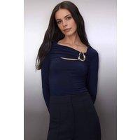 WOVCOR Women's Fitted Stretch Knit Blouse with Cut Out & Hardware Detail in Navy | Size: Medium