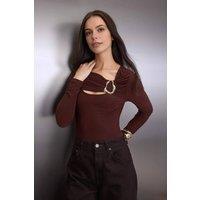 WOVCOR Women's Fitted Stretch Knit Blouse with Cut Out & Hardware Detail in Brown | Size: Medium