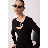 WOVCOR Women's Fitted Stretch Knit Blouse with Cut Out & Hardware Detail in Black | Size: Large