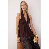 WOVCOR Women's Halterneck Gathered Party Blouse with Statement Hardware Detail in Brown | Size: 6