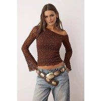 WOVCOR Women's Asymmetric Neck Lace Fitted Long Sleeve Knit Blouse in Brown | Size: Small