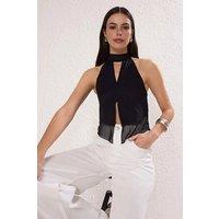 WOVCOR Women's Tie Front Halterneck Knit Tulle Party Blouse in Black | Size: 6