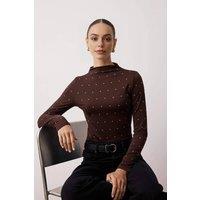 WOVCOR Women's High Neck Stretch Knit Blouse with Stud Embellishment Detail in Brown | Size: XS