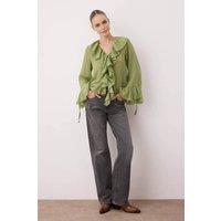 WOVCOR Women's Ruffle Front Long Sleeve Boho Style Woven Blouse in Green | Size: 6