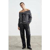 WOVCOR Women's Soft Textured Madonna Neck Tie-Up Knit Sweater in Dark Grey | Size: Large