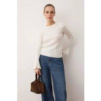 WOVCOR Women's Flared Sleeve Textured Knit Jumper in Ecru | Size: Medium