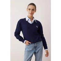 WOVCOR Women's Embroidered Motif V-Neck Cable Knit Jumper in Navy | Size: S/M