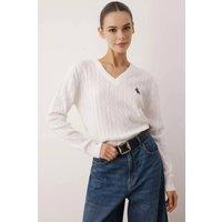 WOVCOR Women's Embroidered Motif V-Neck Cable Knit Jumper in Ecru | Size: S/M