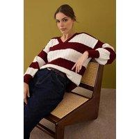 WOVCOR Women's Textured Stripe Knit V-Neck Jumper in Burgundy | Size: Large
