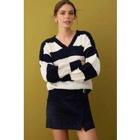 WOVCOR Women's Textured Stripe Knit V-Neck Jumper in Navy | Size: Medium