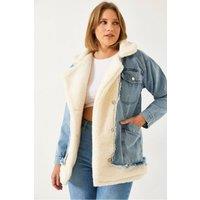 Bianco Lucci Women's Faux Fur Shawl Collar Denim Jacket | Size: Medium