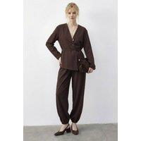 Bianco Lucci Women's Belt Detailed Blouse & Jogger Pants Two Pieces Set in Chocolate | Size: Small