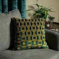 Paoletti Empire Velvet Jacquard Geometric Cushion in Teal | Size: 45 cm x 45 cm