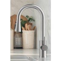 JANLEMNY Brushed Steel Pull-Out Spray Kitchen Mixer Tap with 3-Mode Head in Silver | Size: 1000mm x 400mm