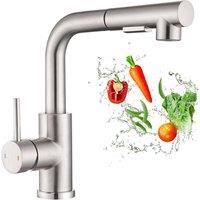 JANLEMNY Brushed Stainless Steel Pull Out Mixer Tap - Dual Spray 360 Swivel in Silver