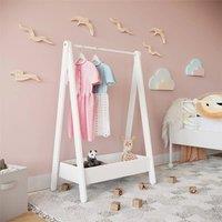 SPETLEK Wooden Kids Hanging Clothes Rail Rack with Extra Storage Shelf in White