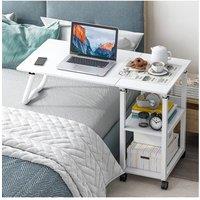 Living and Home Foldable Adjustable Overbed Table with Lockable Casters & Storage Shelves in White
