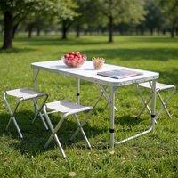 Living and Home Folding Picnic Table with 4 Stools Portable Aluminum Table Stools Set in White