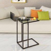 Huhote Sleek C Shaped End Table with Glass Top & Metal Frame in Black