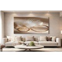 Mafett Premium Luxury Feather Gold Rings Canvas Neutral Modern Wall Art in Beige