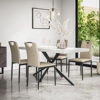 More4Homes Donni Dining Table & Chairs - White Marble Effect Table Top w Black Legs + Monza Faux Leather Dining Chair Set Of 4 in Beige