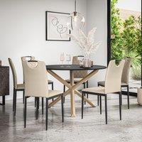 More4Homes Malvern Round Dining Table & Chairs - Black Table Top w Solid Oak Legs + Monza Faux Leather Dining Chair Set Of 6 in Beige