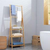 Kleankin Freestanding Foldable Towel Rack with 3 Bars & Shelves for Bathroom in Light Brown