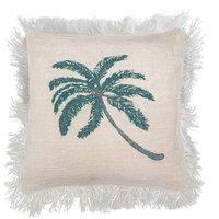 KDMD Linen Cushion Cover 60x60cm with Palm Tree & Fringe - Tropical Decor in Cream | Size: 60x60 cm