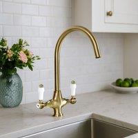 Nes Home Brushed Brass Traditional Twin Lever Kitchen Mixer in Metallic Gold
